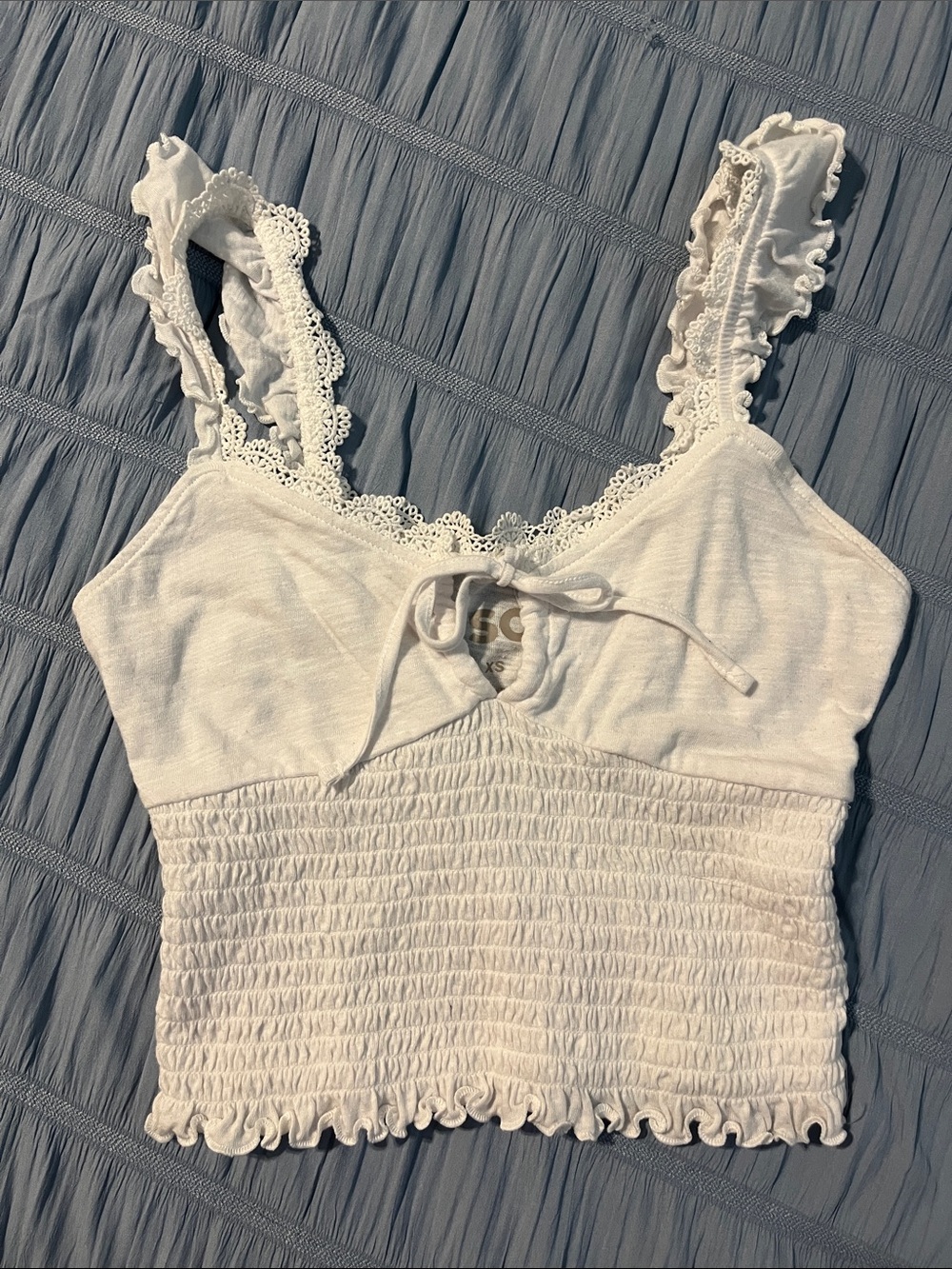SO White Lace-Trim Smocked Crop Tank